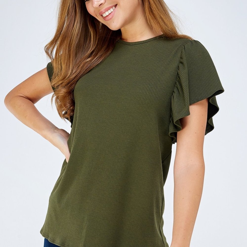 Solid Rib Knit Flutter Sleeve Top - Olive - image 3